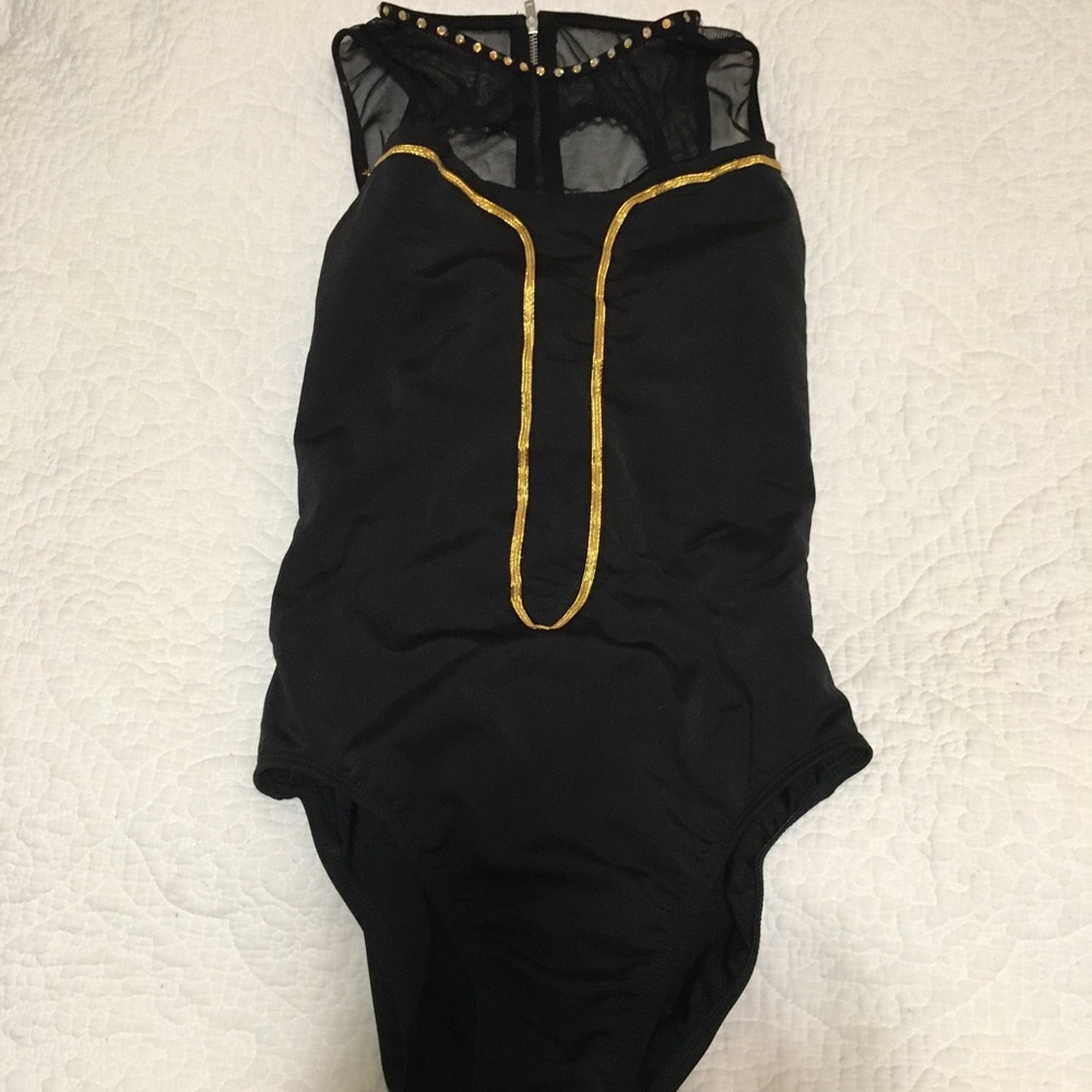 Dance costume two piece. Black/gold rhinestone.